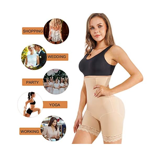 Nebility Waist Trainer for Women High Waist Tummy Control Panty Lace Butt Lifter Shapewear Slim Body Shaper Shorts (Medium, Beige)