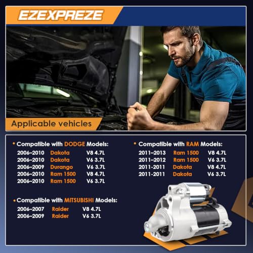 Image of Ezexpreze 17950 New Starter 3.7L 4.7L for Dodge Dakota /Ram 1500 2006-2010, for 3.7L Durango 2006-2009, for Ram 1500 2011-2013, for Dakota 2011, for Mitsubishi Raider 2006-2009, 428000-3051 410-52233