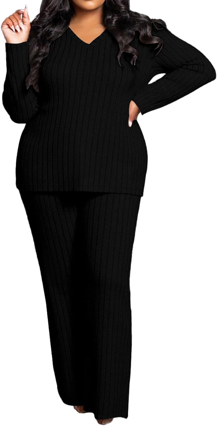 TOPSRANI Womens Plus Size Lounge V-Neck 2 Piece Outfits Sweatsuits Tracksuit Ribbed Long Sleeve Baggy Wide Leg Pant Sets - Image 2