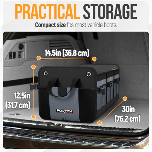 FORTEM Car Boot Organiser, SUV Boot Tidy, Trunk Storage, Collapsible Multi Compartment Car Organiser, Non Slip Bottom, Adjustable Securing Straps, Foldable Cover (90L)