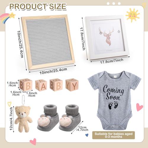 Canlierr 9 Pcs Pregnancy Announcement Set Pregnancy Reveal Ideas Felt Letter Board Kit Baby Bodysuit Baby Booties Photo Frame Bear Plush Baby Wood Blocks for Coming Soon Baby Announcement (Gray) - Thumbnail 2