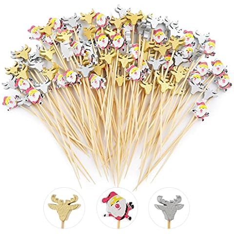 Bekeify Cocktail Sticks 200 Pieces wooden Cocktail Swizzle Picks 12cm Bamboo Colorful Fruit Sticks Various designs Food Garnish Skewers for Sandwiches Snacks Drink Desserts Cake Pastry in Party Cover