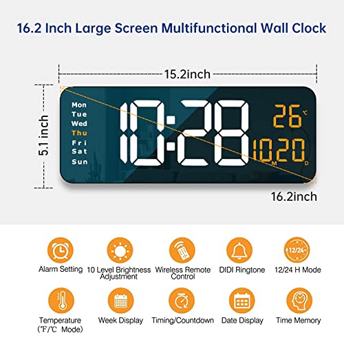 Yisile Digital Wall Clock Large Display, 16.2" Large Digital Wall Clock With Led Display Remote Control, Automatic Brightness Dimmer Big Clock With Date Week Temperature（White） #TOP2