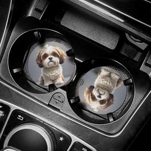 Portavasos para carro de madera 2 unidades diseño Shih Tzu