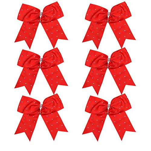 8 Inch Jumbo Cheerleader Bows with Bling Fling Rhinestones Ponytail Holder Cheerleading Bows Hair Tie 6 Pcs College (Red)