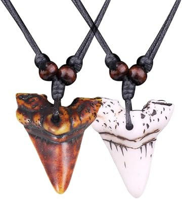 COLORFUL BLING 2Pcs Lucky Shark Tooth Necklace for Men Adjustable Leather Cord Resin Vintage Tooth Necklace Cool Beach Surfer Tribal Jewelry