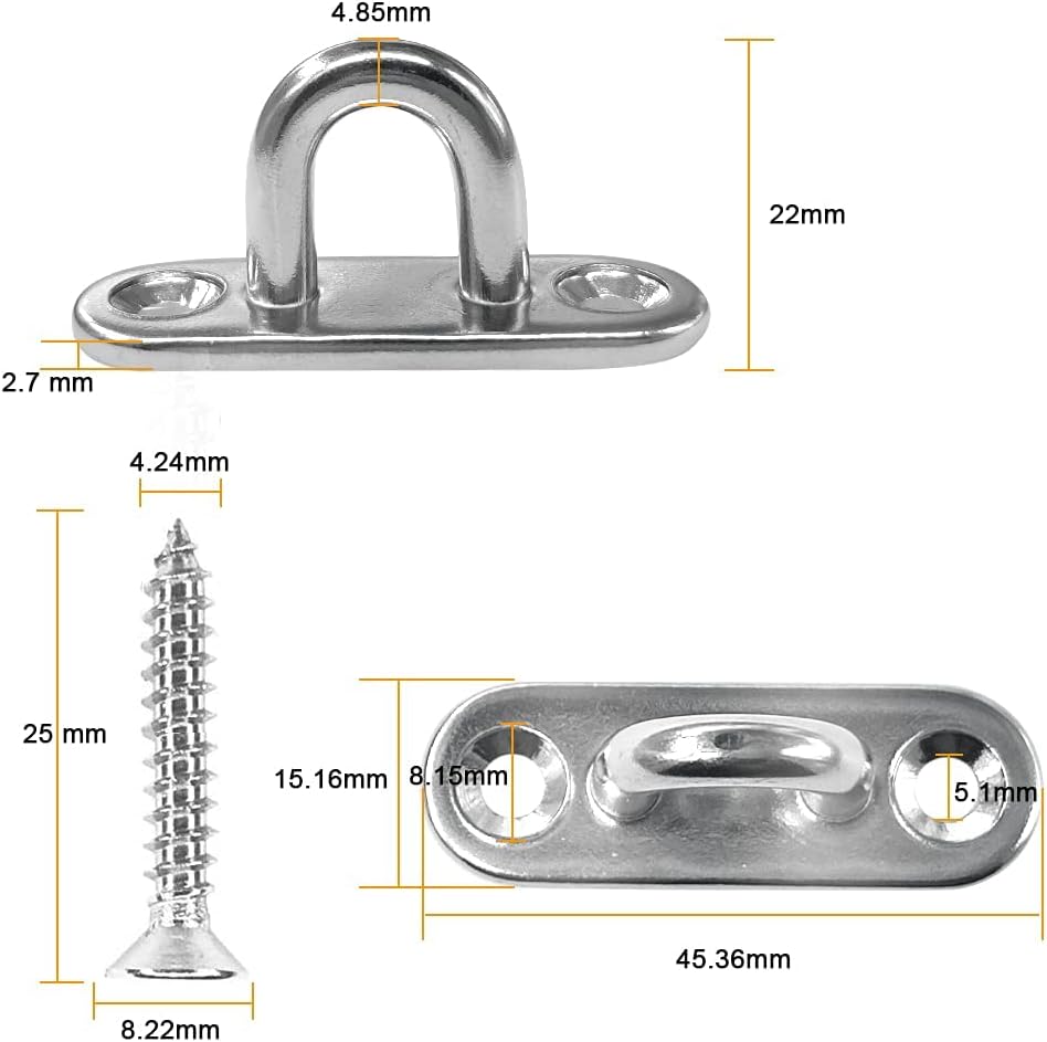 Free Shipping 🛒 Stainless Steel 1.8 inch Pad Eye Plate U Hooks + Stainless Steel Snap Hook,Marine Hardware Staple Hook Loop with Screws-Hushtong ,4 Pack