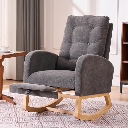 Image of Comfy Rocking Chair with High Backrest and Button Tufted, Nursery Rocking Chair with Side Pocket and Wooden Base, Gray