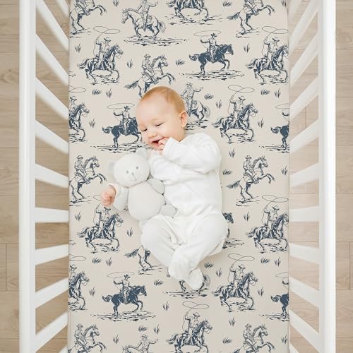 Image of 4 Pack Western Cowboy Crib Sheet Set for Boys or Girls, Neutral Soft Breathable Fitted Crib Sheet, Western Nursery Decor for Standard Crib and Toddler Bed Mattresses 28 x 52 in