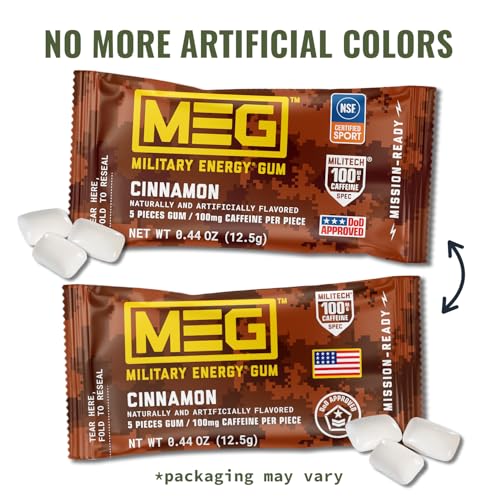 Image of MEG (Military Energy Gum) - Cinnamon | Enhance Your Physical Performance with 100mg of Caffeine Per Piece, Ultimate Boost for Workouts, Alternative to Caffeinated Drinks | NSF for Sport Certified - Pack of 18