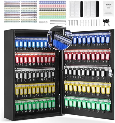 VEVOR 200-Key Cabinet, Key Lock Box with Adjustable Racks, Security Key Storage Box Steel, Key Organizer with 200 Colorful Key Tags and 4 Record Cards for School, Office, Hotel