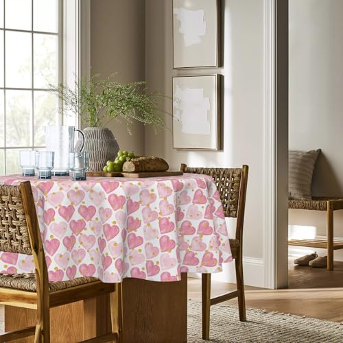 Horaldaily Valentine Tablecloth 70×70 Inch Round, Golden Pink Watercolor Love Hearts Washable Table Cover for Party Picnic Dinner Decor by Horaldaily - Used condition - Image 3