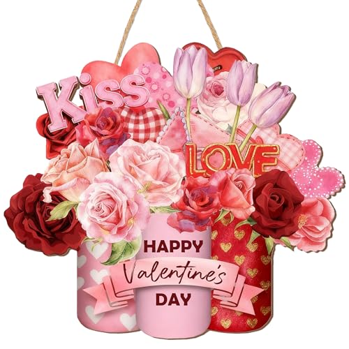 Pink & Red Rose Flowers Wooden Hanger Sign - Valentine Wooden Hanging Decor with Floral Design for Front Door - Rustic Porch and Wall Decor for Spring, Home and Garden -Valentine Gifts Supply-A02