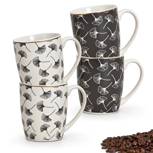 Lot de 4 tasses à café en porcelaine moderne de 300 ml pour cappuccino, café, thé - Avec feuille de ginkgo - Passe au lave-vaisselle et au micro-ondes