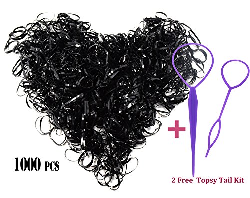 1000 Pieces Black Elastic Hair Bands, Rubber Hair Ties with 2 Free Magic Topsy Tail Hair Tools (Black-1000pcs)