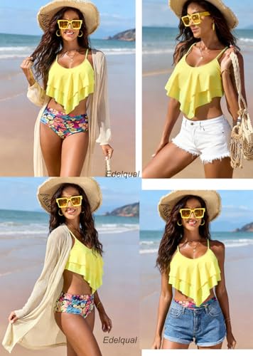 Image of Edelqual Bikini Sets for Women High Waisted Tummy Control Bathing Suit | 2 Piece Swimsuit,Double-layer Ruffled Top,Adjustable Spaghetti Straps,Crisscross Tie Back,Quick-Dry,Color Print,Beach & Pool