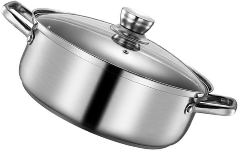 Gadpiparty Stainless Steel Two Flavor Hot Pot with Lid and Divider, Sturdy Shabu Pot with Vacuum Anti-scalding Handle, Tempered Glass Cover, Suitable for Stoves and Household Kitchenware