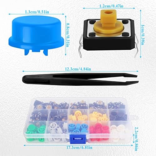 75Pcs Tactile Button Switch 12x12x7.3mm Momentary Tactile Push Button Switch Micro Tactile Push Button Touch Switch Micro Momentary Tact Assortment Kit with 75Pcs Caps and 1Pcs Tweezer for Arduino PCB