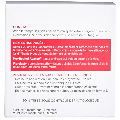 L’Oréal Paris - Soin Nuit Hydratant Visage Anti-Âge - Crème Anti-Rides, Extra-Fermeté & Tonifiante - Enrichi au Pro-Rétinol & Fibrelastyl - Tous Types de Peaux - Revitalift - 50 ml