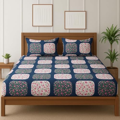 Image of Jashan Elastic King Size Fitted bedsheets with 2 Pillow Cover | King Size bedsheets | 100% Glace Cotton | Fitted bedsheet Cotton King 72 inch x 78 inch inches (Double Elastic Bedsheet, Multi-14)