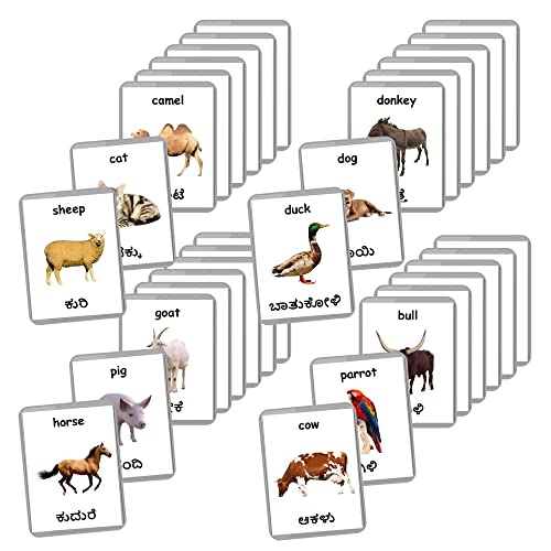 Image of Kannada English Bilingual Flash Cards | Montessori Cards | Laminated Flash Cards | Early Education (Farm Animals - 27 Cards)