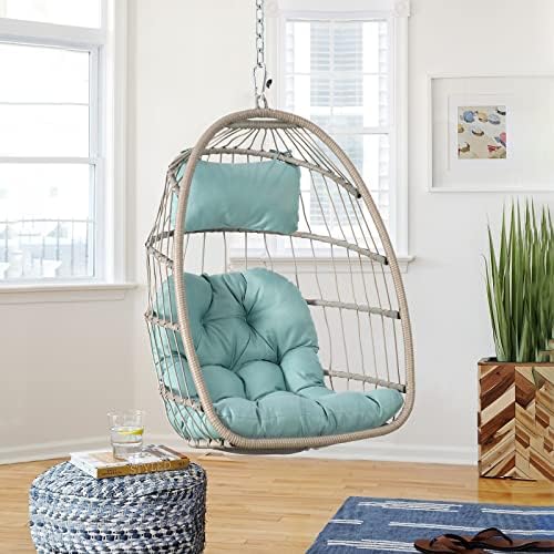 Patiorama Indoor Outdoor Egg Swing Chair Without Stand, Patio Wicker Rattan Hanging Chair w/Cushion, 350lbs Capacity, All Weather Foldable Hammock Chair Basket Chair for Bedroom, Porch (Light Blue)