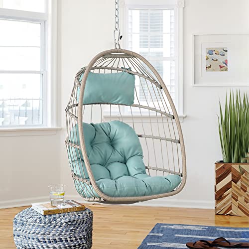 Patiorama Indoor Outdoor Egg Swing Chair Without Stand, Patio Wicker Rattan Hanging Chair W/Cushion, 350Lbs Capacity, All Weather Foldable Hammock Chair Basket Chair For Bedroom, Porch (Light Blue) #TOP4