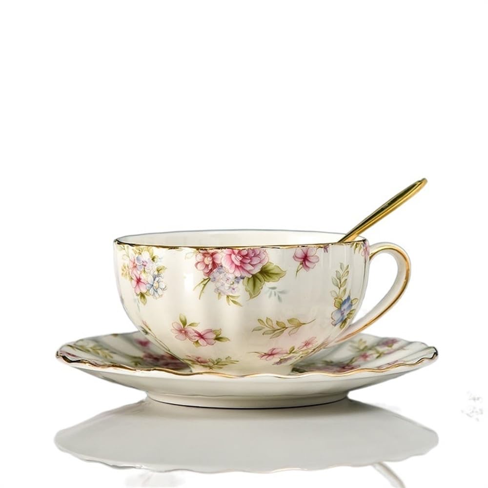 HESHUYANCup And Saucer Set Flowers Tea Set Ceramic Coffee Cup Suit Style High-Grade Golden Edge Tea Cup And Saucer With A Spoon Tea Cup And Saucers(1 piece Style E)