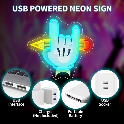 Image of Rock Hand LED Neon Sign USB Powered for Wall Decor, Pencil Neon Night Light Sign Dimmable for Room Party Decor Music Lover Birthday Gifts