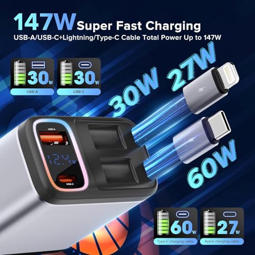 Image of bAssDrops 117 Watt Retractable Car Charger, Retractable Cables (31.5 inch) and 2 USB Ports Car Charger Adapter for iPhone 16 /15 /14 /13 /12 Pro Max, Samsung,Pixel