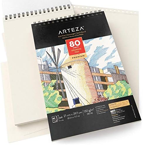 Arteza Drawing Pad A4 (21.0x29.7 cm), 2 Pack, 160 Pages Total, Two Spiral Bound Artist Drawing Books, 80 Sheets Each, Durable Acid Free Sketch Paper (130g), for Beginners & Experts