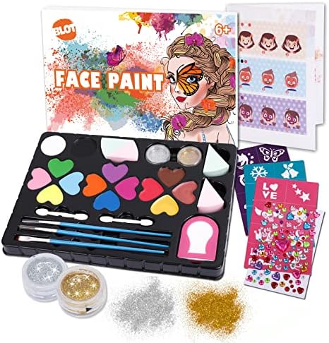 Face Paint Kit for Kids 14 Colors Washable Face Painting Palette Non Toxic with Hair dye cream Stencils Glitters Brushes Sponges for Party Cosplay Christmas Makeup Body Festive Face Paint Kids