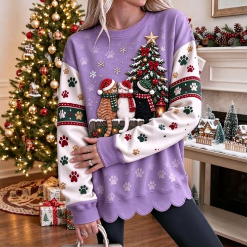 Women Christmas Graphic Crew Neck Long Sleeve Cat Pattern Soft Pullover - image 3