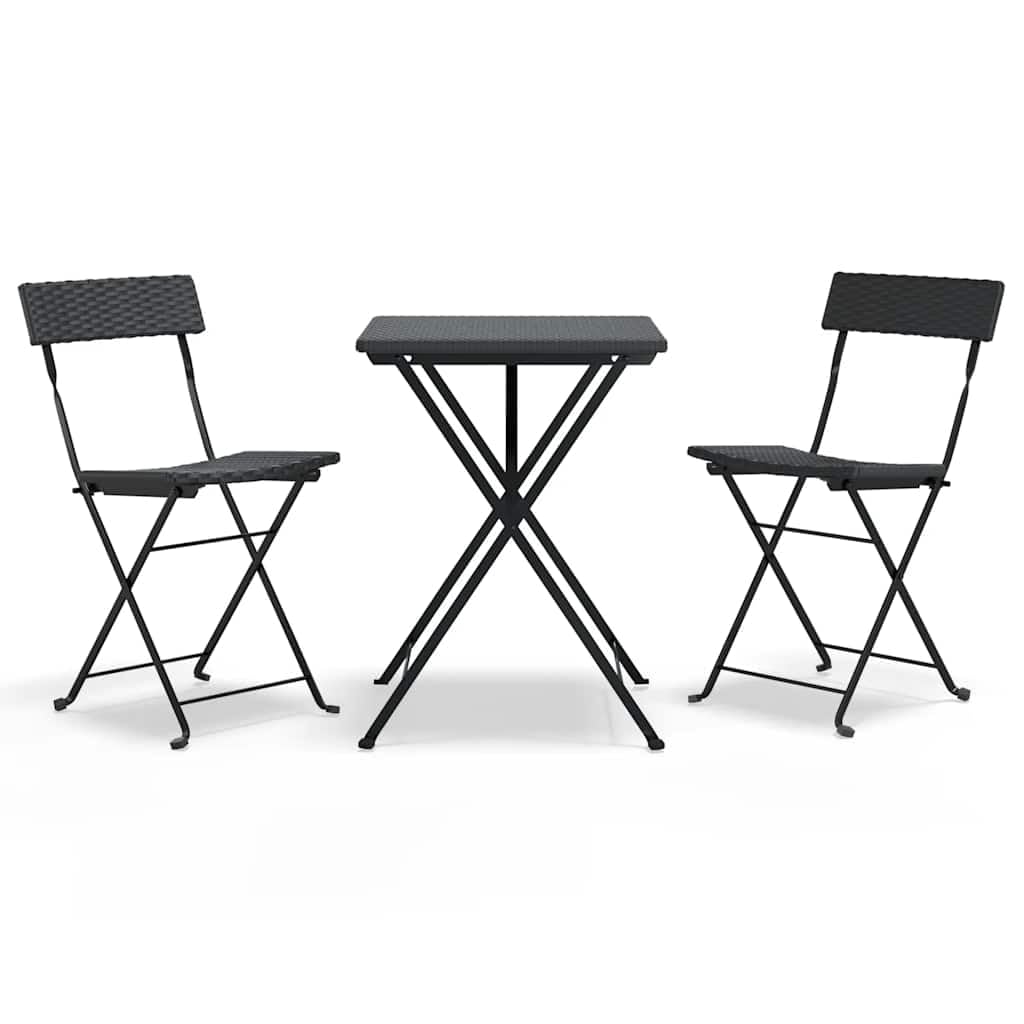 Set da bistrò pieghevole in polyrattan nero, 3 pezzi | Telaio in acciaio verniciato a polvere, resistente alle intemperie, facile da pulire, 110 kg per seduta