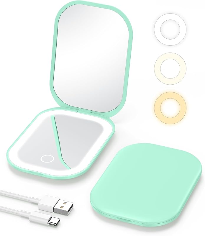 Espelho compacto de viagem Gospire com iluminação LED, aumento 1X e 3X, verde