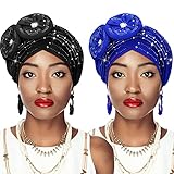 2 Pcs Women Head Wrap African Turban Hats Head Wraps for Black Women Rhinestones Turbans Beanie Cap Turban Head Scarf(Black, Royal Blue)