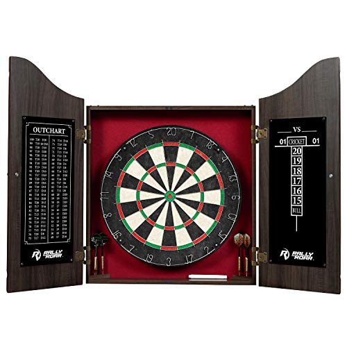 Rally and Roar DB410Y19036 Dartboard with Cabinet, 6, Dry Erase Scoreboard, Official Size, Brown Wood-Stylish, Staple-Free Boards for Adults with Dart Holders-Premium Game Room Decor Accessories