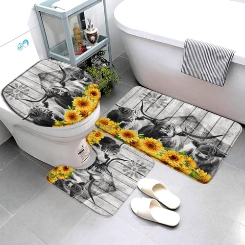 3 Pieces Set Farmhouse Highland Cow Bath Mat Longhorn Bull Farm Animal Wildlife Cattle Windmill Sunflower Floral Rustic Yellow Flower Wood Board Bathroom Rugs Toilet Lid Cover Pedestal Rug U-Shaped