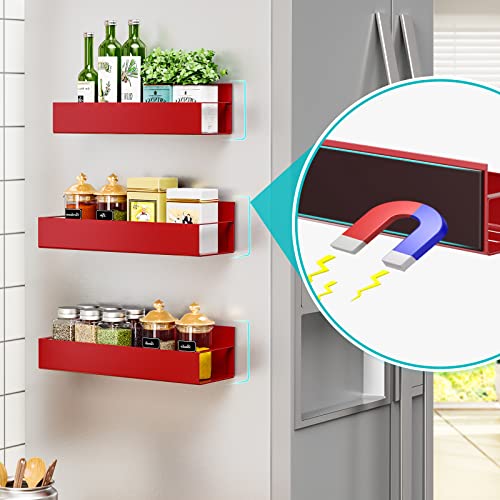 Image of OrganizeMee Movable Kitchen Organizer Storage Spice Magnetic Rack, Decorate Your Fridge,Washing Machine & Microwave Oven with Magnetic Metal Fridge Side Rack 1 Year Warranty: Red Set Of 3