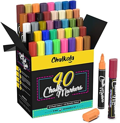 Chalkola Liquid Chalk Pens for Blackboard, Chalkboard, Whiteboard, Window, Labels, Glass, Board - Pack of 40 (Neon, Pastel & Metallic) Paint Colours - Wipeable Chalk Markers - 6mm Reversible Tip