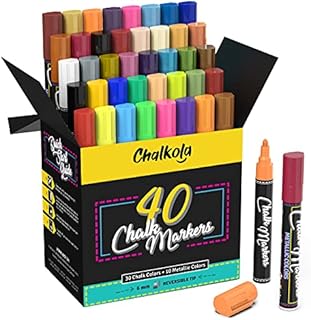 Chalkola Liquid Chalk Pens for Blackboard, Chalkboard, Whiteboard, Window, Labels, Glass, Board - Pack of 40 (Neon, Pastel & Metallic) Paint Colours - Wipeable Chalk Markers - 6mm Reversible Tip