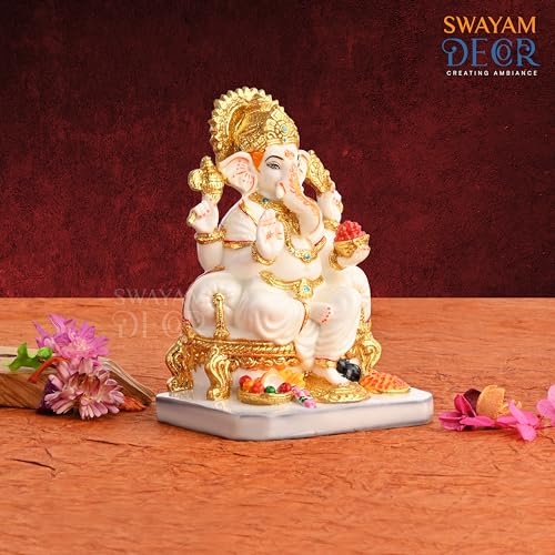 Image of Creating Ambiance Polyresin Marble Ganesh Idol, Vinayaka Statue | Auspicious Ganpati Murti for Living Room & Home Decor - Ganesh Idol for Diwali - Gold & White (7.5 Inches 01)