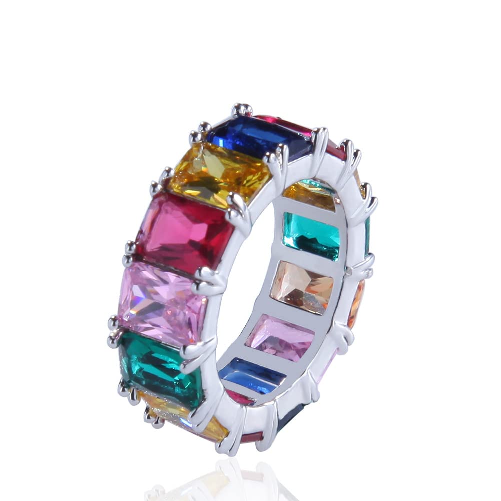 Fuqimanman2020 Cubic Zirconia Emerald Cut Eternity Ring Colorful Eternity Rainbow Ring Multi Color Gemstone Bands Ring Jewelry Gift