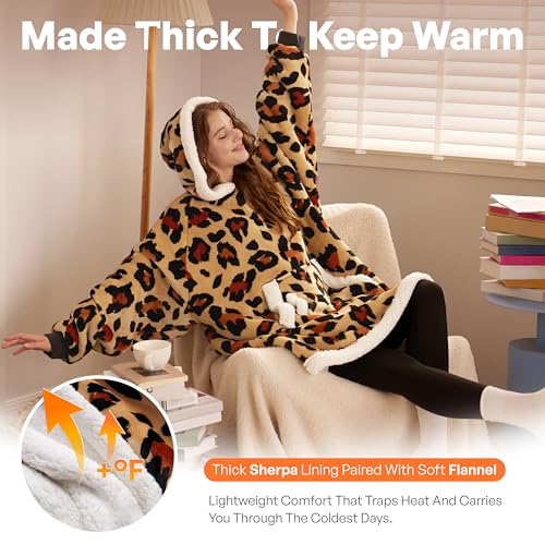 Image of Giggling Getup Wearable Blanket Hoodie for Adults Gifts for Teen Girls Sister Women Sherpa Fleece Printed Hooded Blanket Sweatshirt Warm Cozy with Pocket & Sleeves Brown Leopard