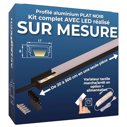 AFTERTECH - Barre LED Profilé Aluminium Plat NOIR FABRIQUÉ SUR MESURE au centimètre de 20 à 300 cm en une seule pièce - LUMIÈRE PUISSANTE 19,2 w/m 180 led/m - PERSONNALISABLE - Sous meuble de cuisine