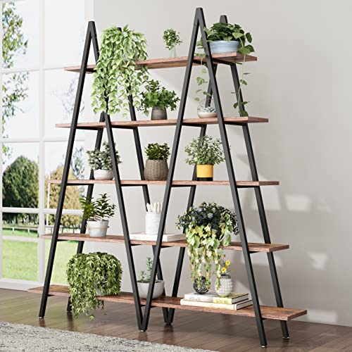 Auromie M-Shaped Ladder Bookshelf, 70.87" Open Large Plant Stand Shelf, Industrial Display Shelf with Metal Frame, Freestanding 5-Tier Storage Shelves for Bedroom Living Room Home Office, Rustic