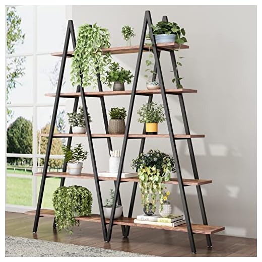 Auromie M-Shaped Ladder Bookshelf, 70.87" Open Large Plant Stand Shelf, Industrial Display Shelf with Metal Frame, Freestanding 5-Tier Storage Shelves for Bedroom Living Room Home Office, Rustic