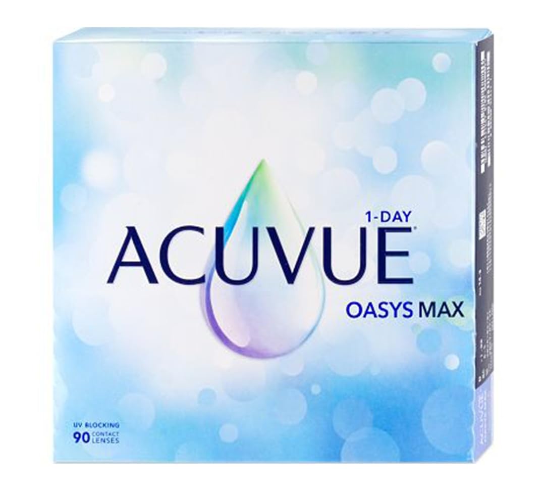 ACUVUE OASYS MAX jednodniowe soczewki kontaktowe – pomagają zmniejszyć uczucie zmęczenia i suchości oczu – 90 soczewek kontaktowych o rozdzielczości +7,50 dpt i BC 8.5 – ochrona przed promieniowaniem