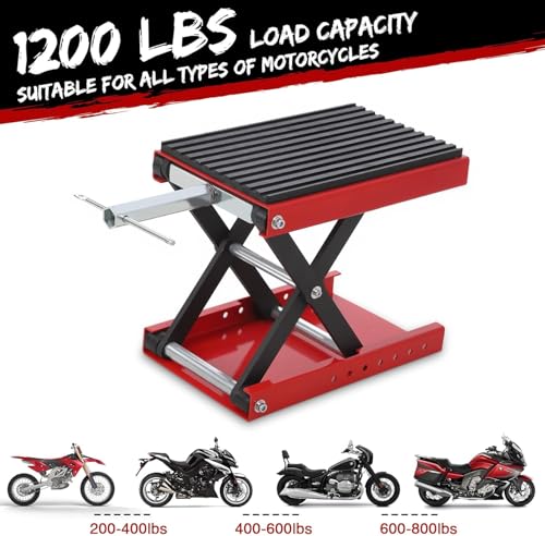 Image of Garveetech Motorcycle Lift Jack - 1200 LBS Heavy Duty Scissor Stand with Wide Deck & Safety Pin, Ideal for Dirt Bikes, Atvs, Street Bikes & Cruiser Motorcycles, Thickened Rubber Pad for Stability