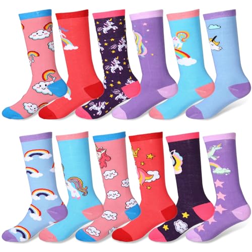 Cuffbow 12 Pairs Girls Unicorn Long Socks Kids Knee High Soft Cotton Socks for Girls 5-8 Years Soccer Cheerleaders Child Gift